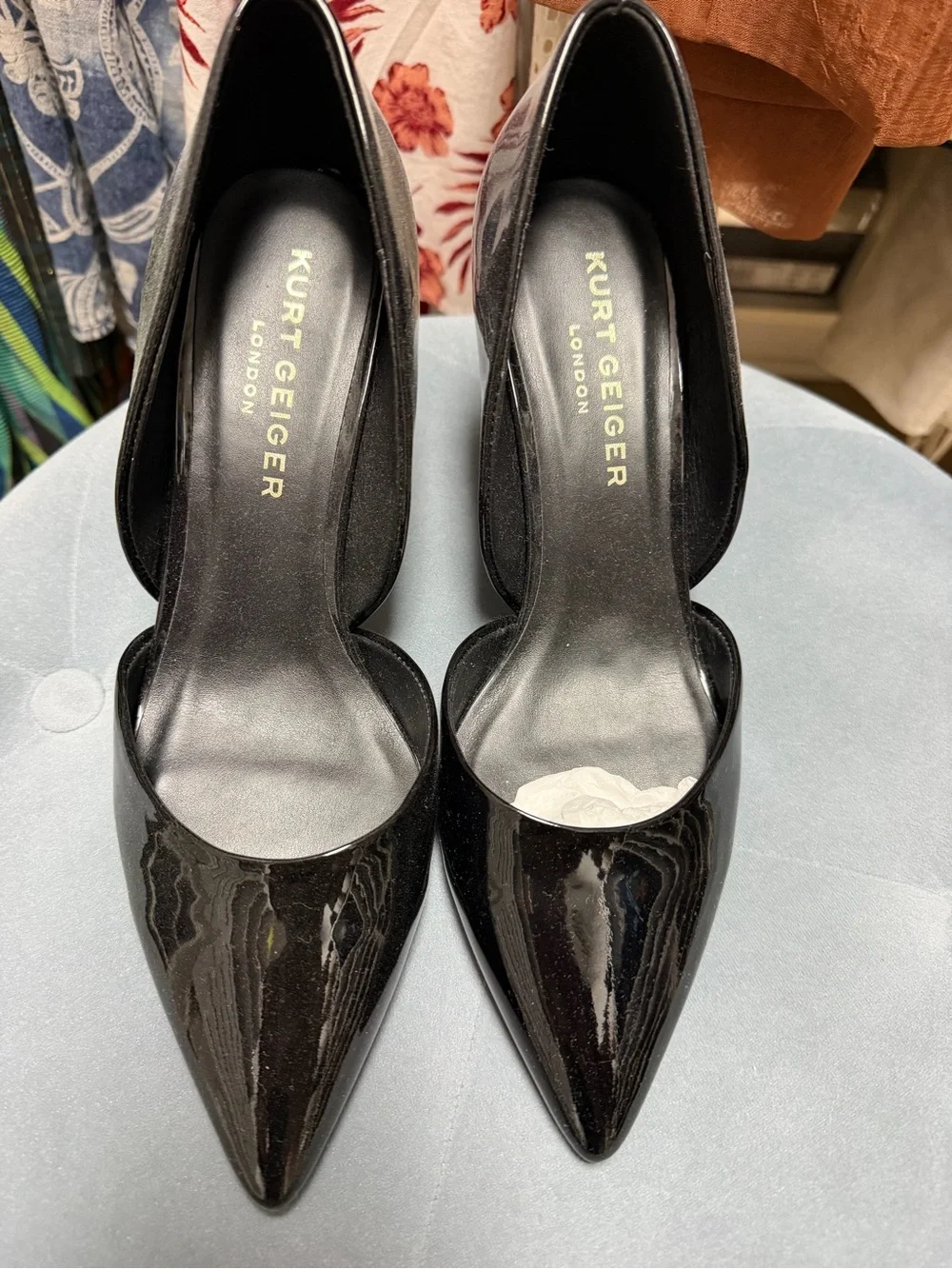 Kurt Geiger Black Patent Pointed-Toe Stiletto with Gold Heel - Picture 2 of 3